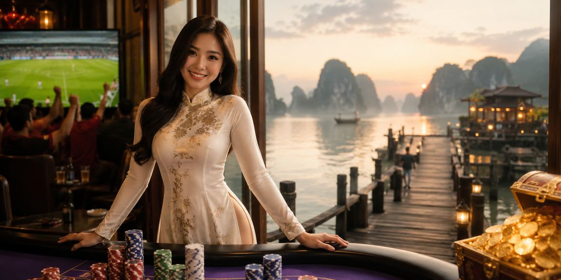 Người dùng Việt Nam đăng ký tài khoản fh88 với phong cảnh Hạ Long Bay phía sau