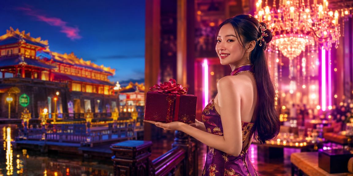 Quang cảnh đêm tại Huế với ánh đèn neon phản chiếu khi người dùng truy cập nền tảng cá cược fh88